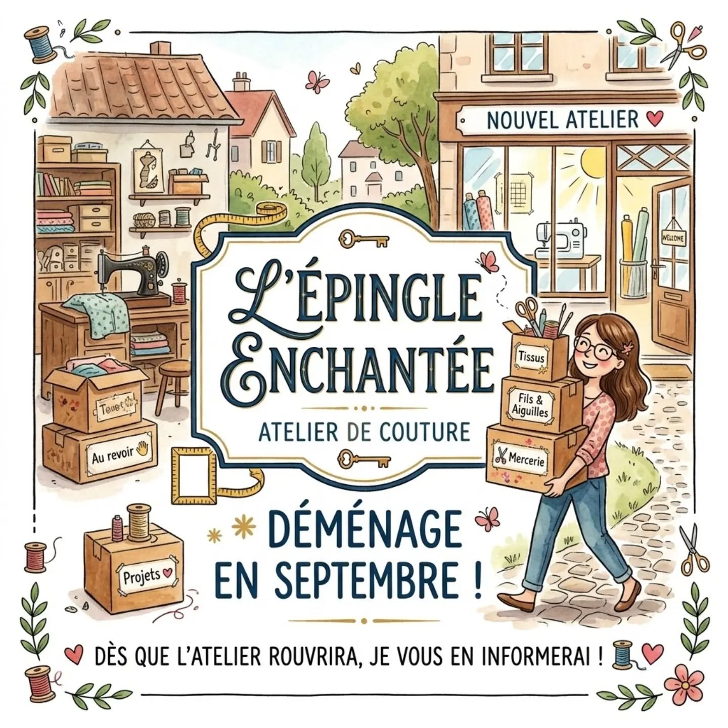 ​📦 DU NOUVEAU POUR L’ÉPINGLE ENCHANTÉE ! 📦

​Une grande page se tourne pour l’aventure... L’Épingle Enchantée déménage ce mois de septembre ! 🚛✨

​Le temps de faire les cartons, d'installer la machine et de vous préparer un tout nouvel espace dédié à vos créations et retouches, l'atelier marque une courte pause. 🧵🪡

​📆 Réouverture très prochaine :

Je vous tiendrai informés d'ici peu de la date exacte de réouverture et de la nouvelle organisation. Restez connectés pour ne rien manquer !

​Un grand merci pour votre fidélité et votre confiance au quotidien. J'ai tellement hâte de vous retrouver dans cette nouvelle étape ! ❤️

​✨ À très vite pour de nouvelles aventures créatives,

#déménagement 
#nouvellevie
#atelierencours